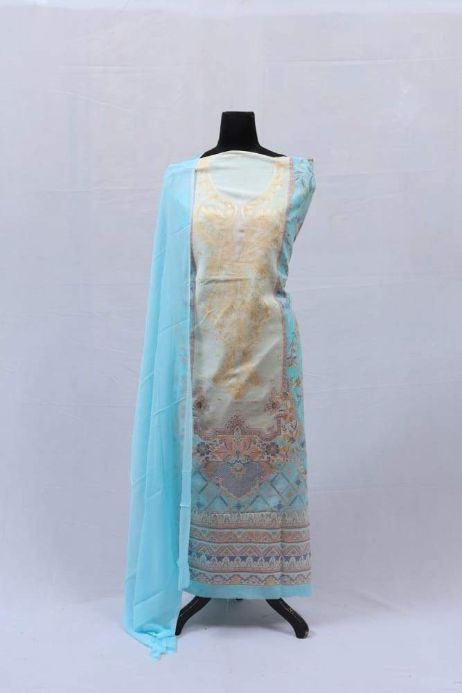 Blue Colour Cotton Kani Suit With Self Woven Embroidery