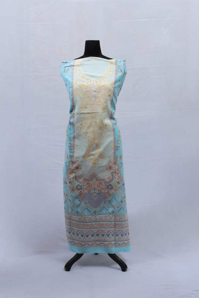 Blue Colour Cotton Kani Suit With Self Woven Embroidery