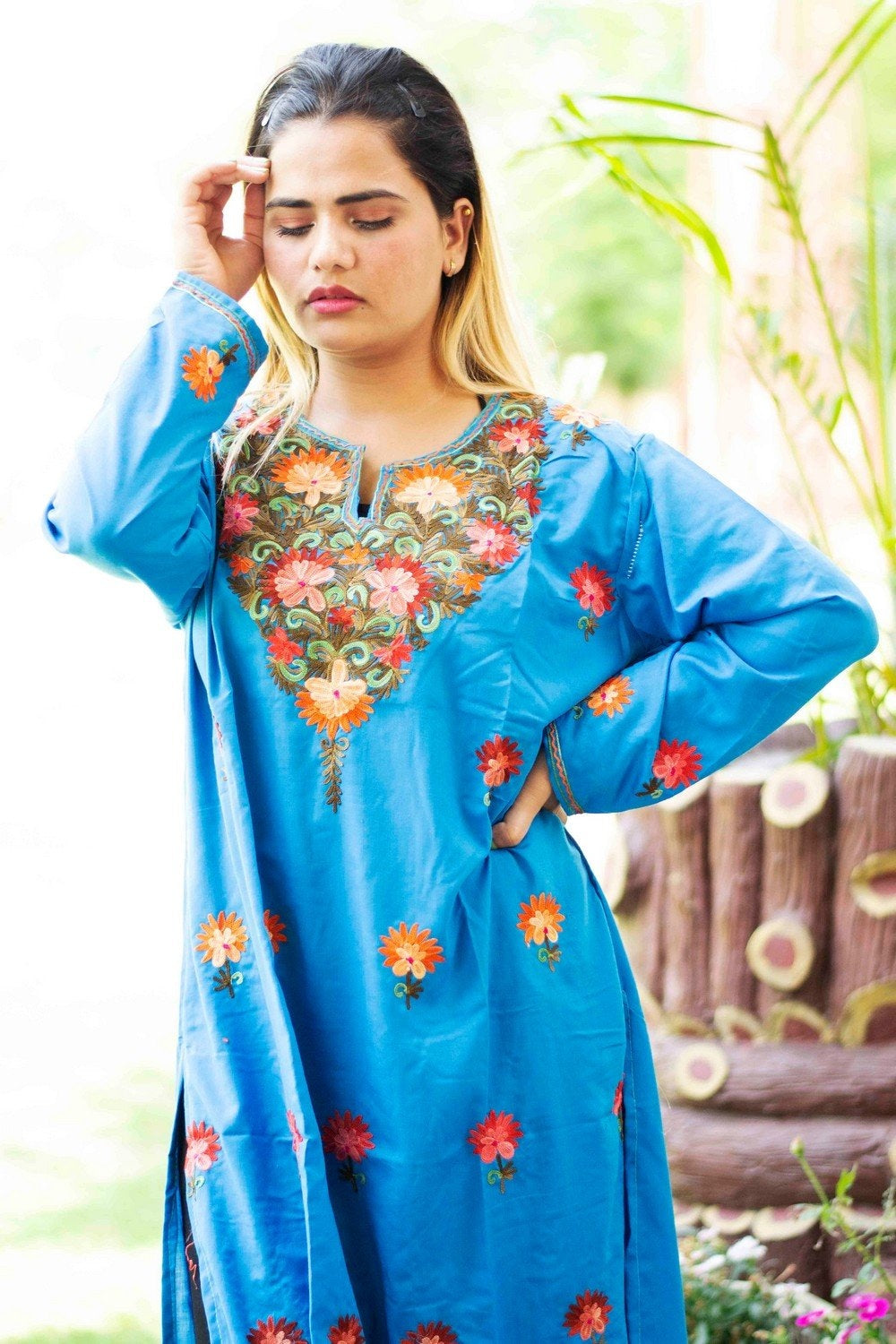 Blue Colour Cotton Kurti With Beautiful Aari Embroidery