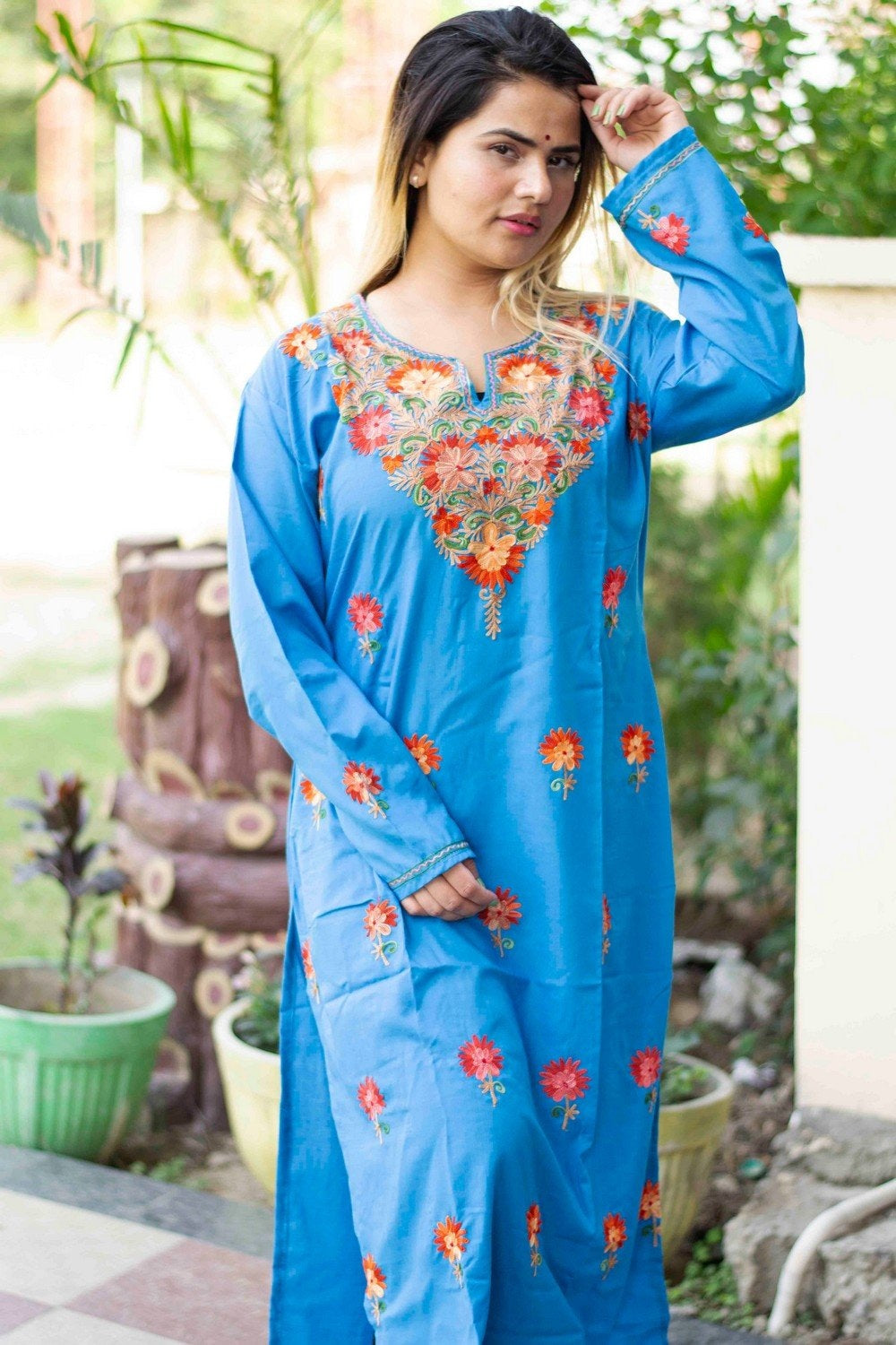 Blue Colour Cotton Kurti With Beautiful Aari Embroidery