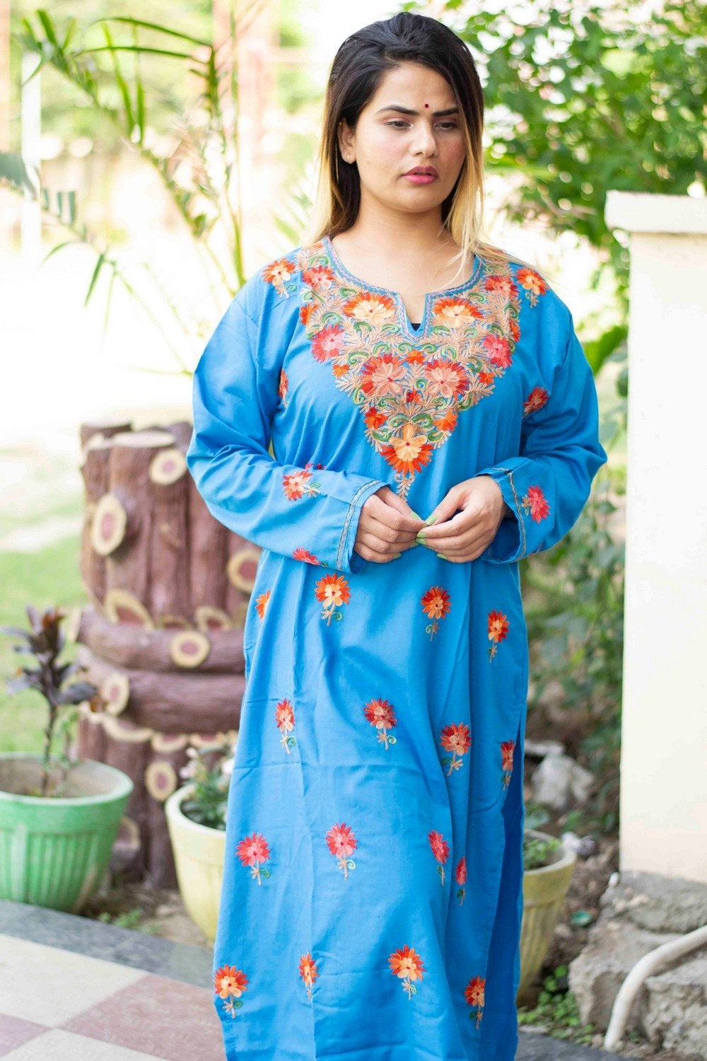 Blue Colour Cotton Kurti With Beautiful Aari Embroidery