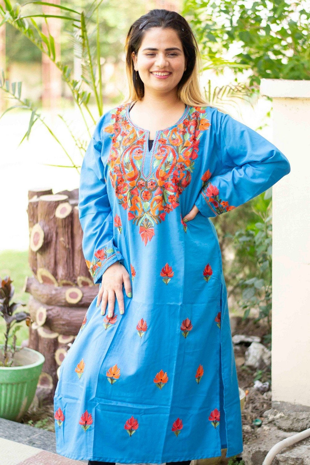 Blue Colour Cotton Kurti With Beautiful Aari Embroidery