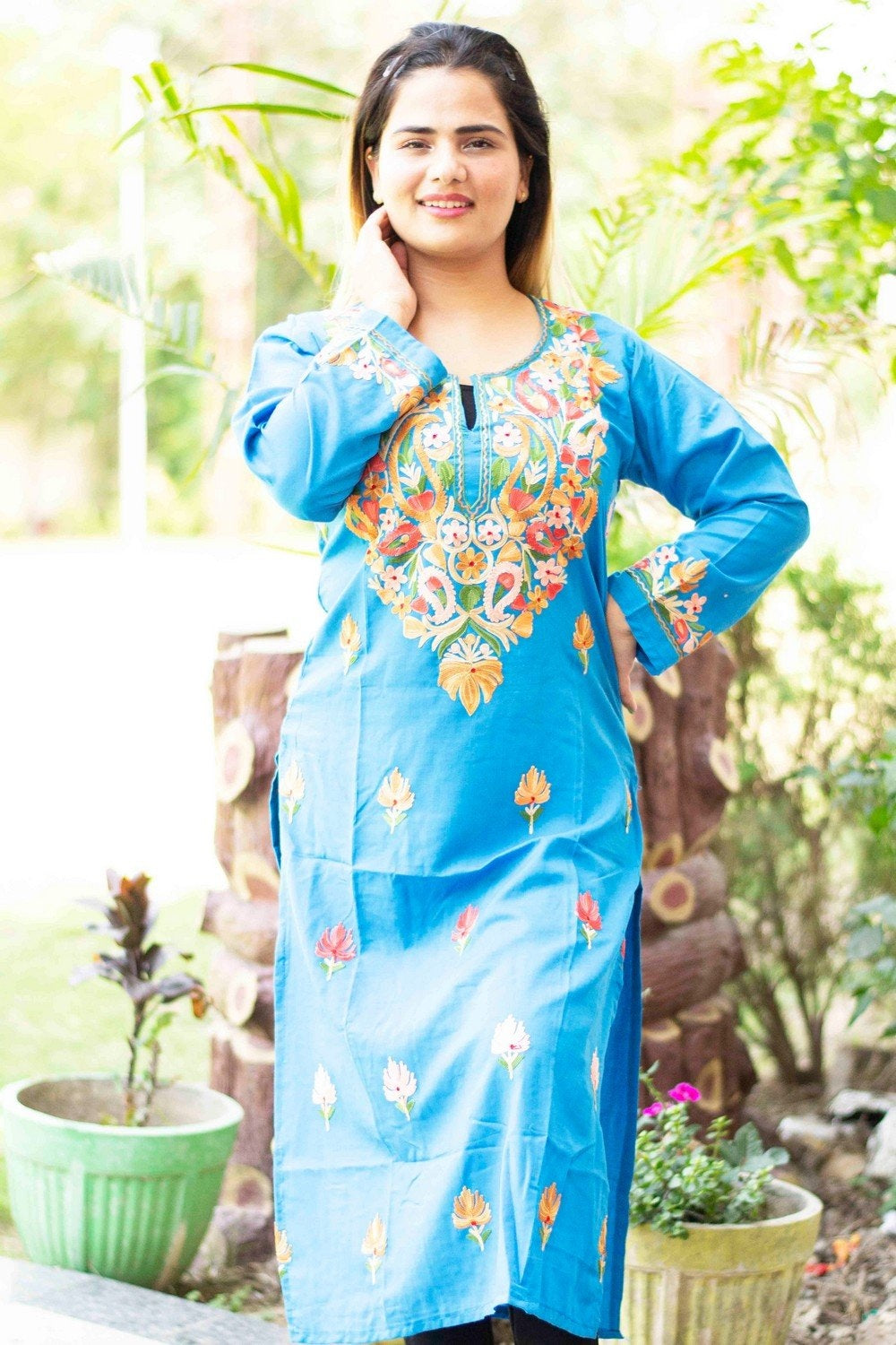 Blue Colour Cotton Kurti With Beautiful Aari Embroidery