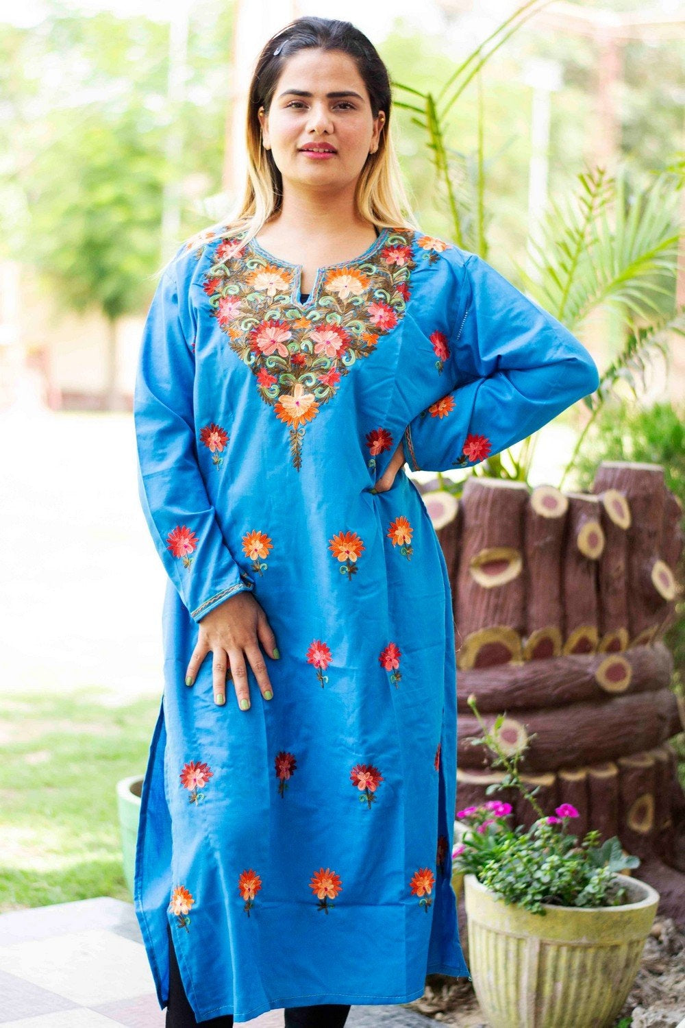 Blue Colour Cotton Kurti With Beautiful Aari Embroidery