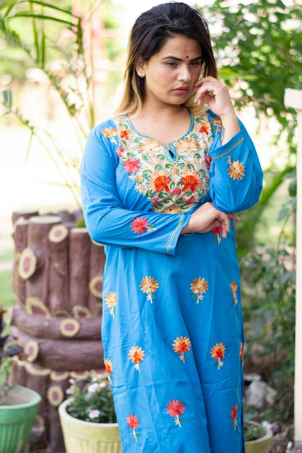 Blue Colour Cotton Kurti With Beautiful Aari Embroidery