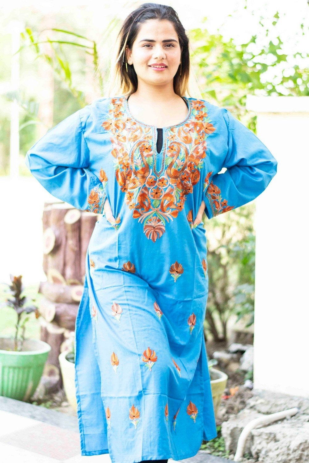 Blue Colour Cotton Kurti With Beautiful Aari Embroidery