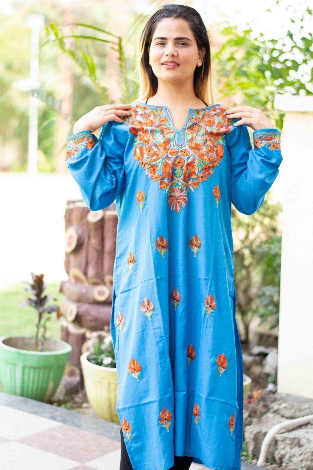 Blue Colour Cotton Kurti With Beautiful Aari Embroidery