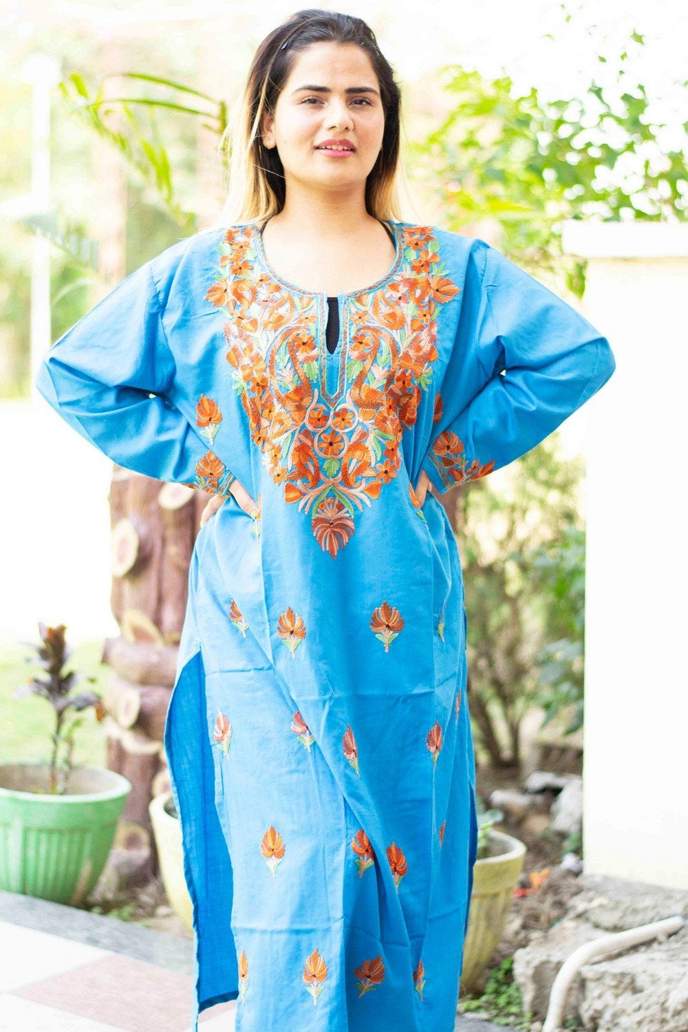 Blue Colour Cotton Kurti With Beautiful Aari Embroidery