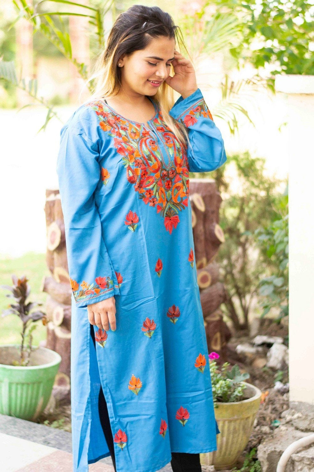 Blue Colour Cotton Kurti With Beautiful Aari Embroidery