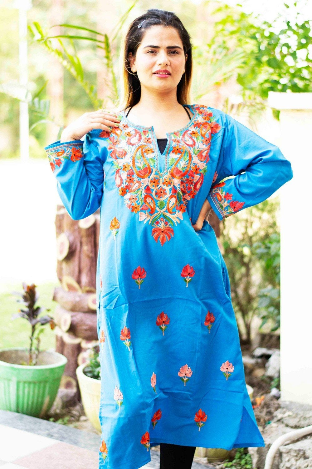 Blue Colour Cotton Kurti With Beautiful Aari Embroidery