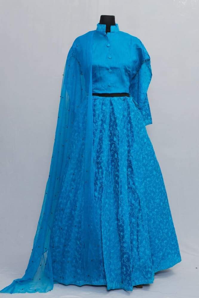 Blue Colour Kashmiri Embroidered Skirt With Crop Top