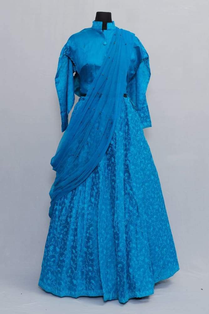 Blue Colour Kashmiri Embroidered Skirt With Crop Top