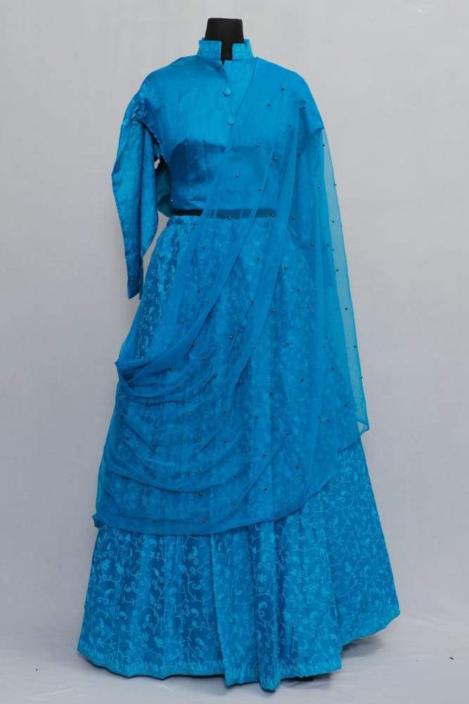 Blue Colour Kashmiri Embroidered Skirt With Crop Top