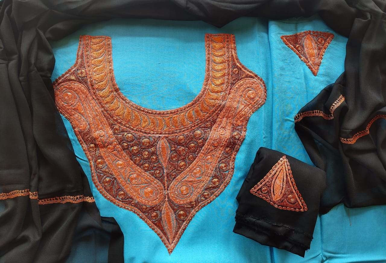 Blue Colour Kashmiri Tilla Aari Work Salwar Kameez