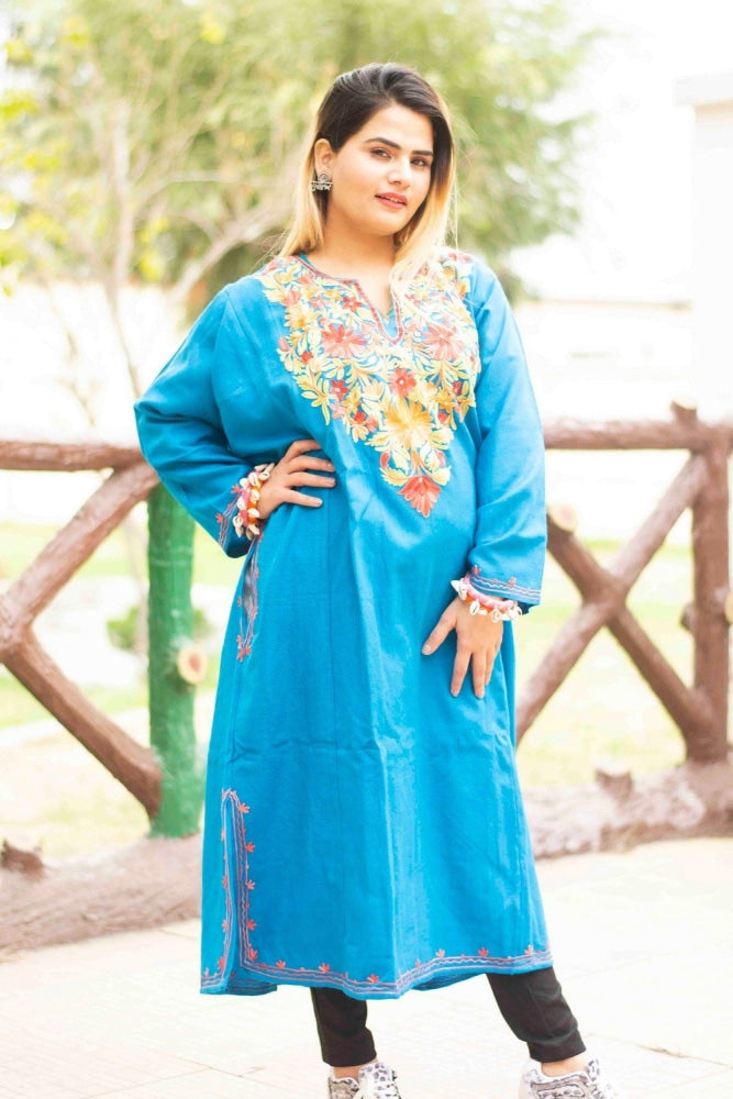 Blue Colour Kashmiri Work Embroidered Phiran Enriched