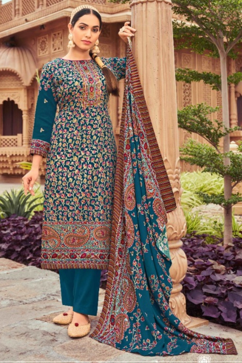 Blue Colour Printed Woolen Unstitched Suit Fabric With Stole