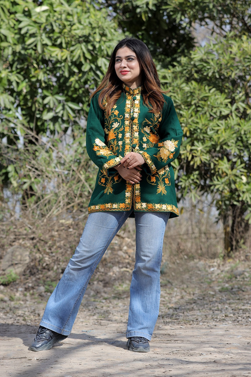Bottle Green Color Aari Work Embroidered Jacket