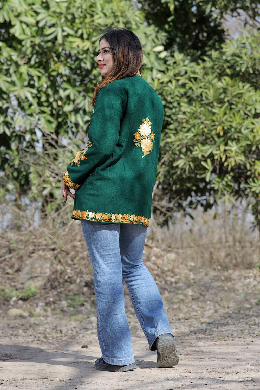 Bottle Green Color Aari Work Embroidered Jacket