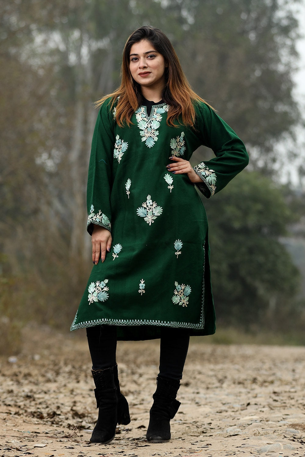 Bottle Green Color Aari Work Embroidered Kurti With New