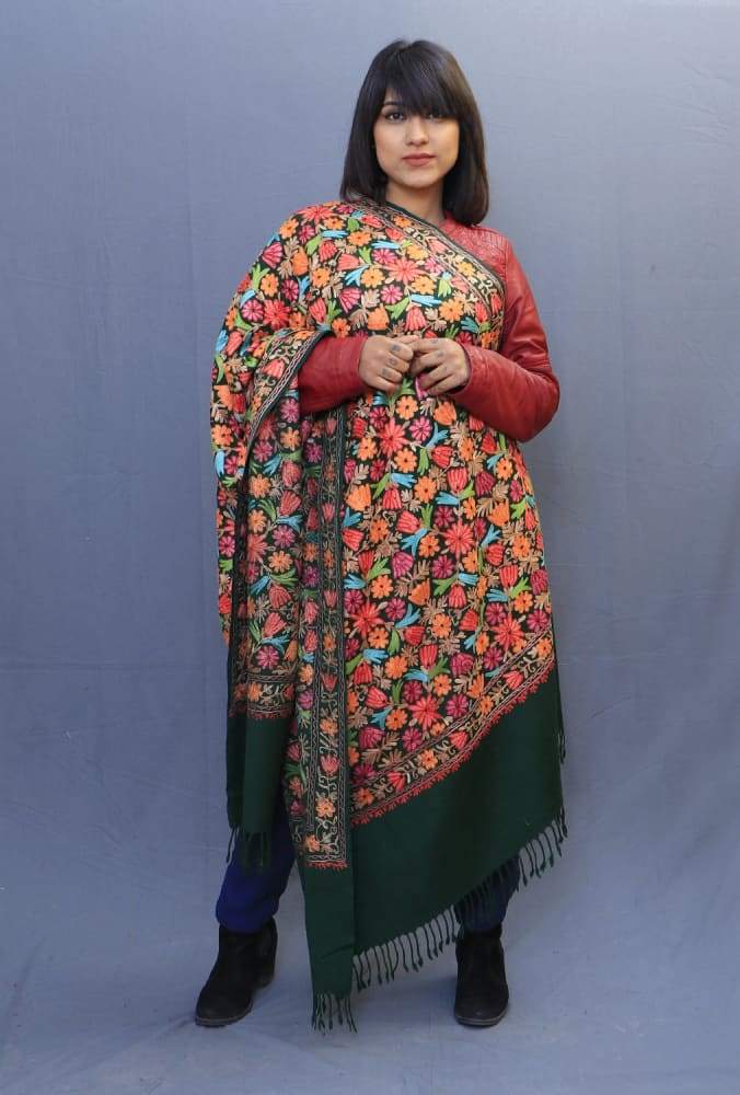 Bottle Green Color Kashmiri Work Embroidered Shawl Enriched