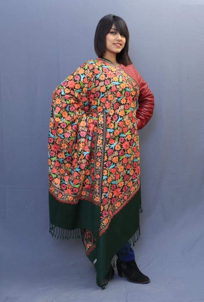 Bottle Green Color Kashmiri Work Embroidered Shawl Enriched