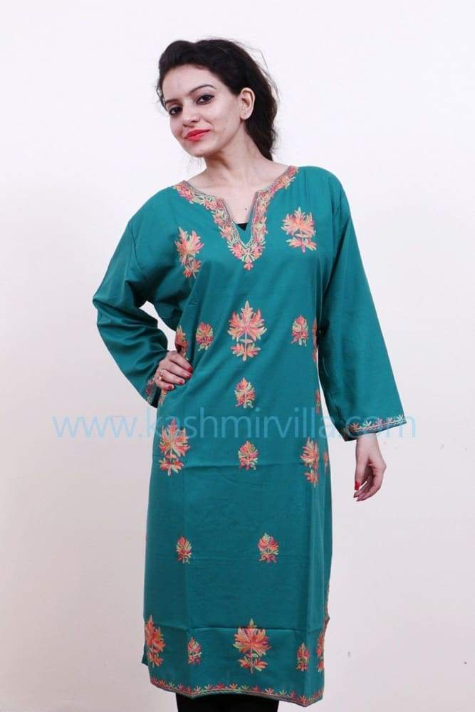 Bottle Green Colour Cotton Kurti With Kashmiri Motifs