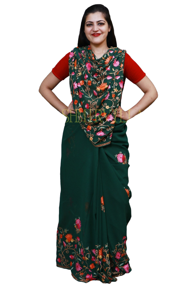 Bottle Green Colour Saree With Dense Aari Jaal On Pallu