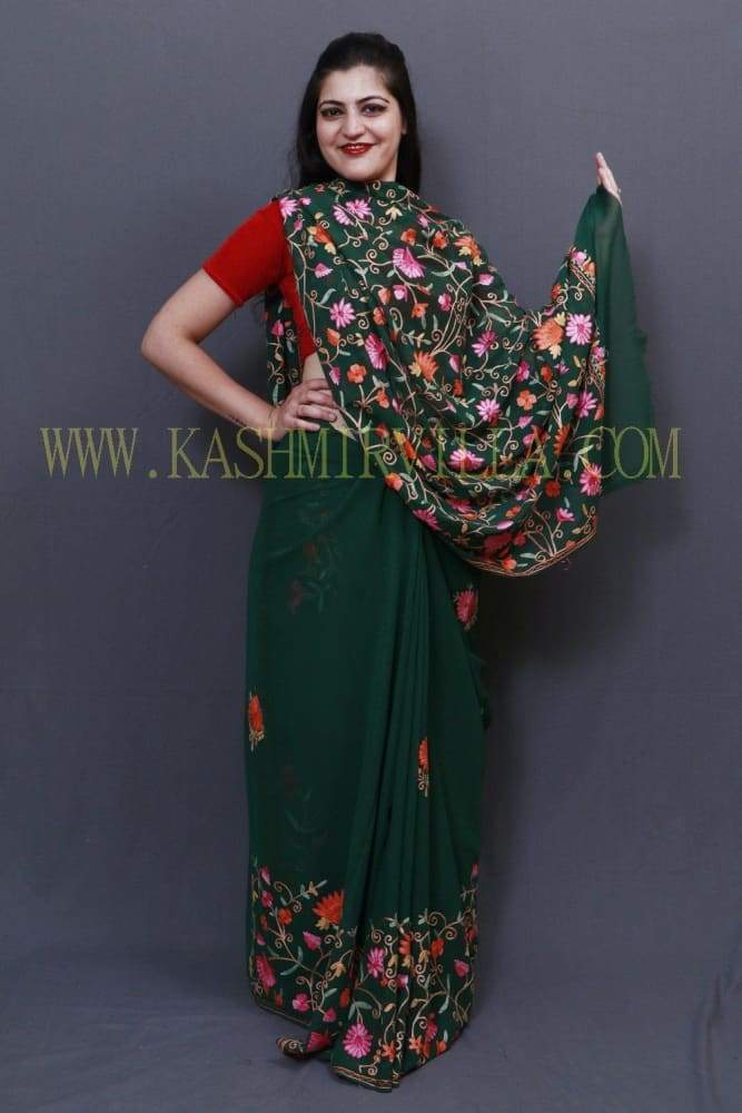 Bottle Green Colour Saree With Dense Aari Jaal On Pallu