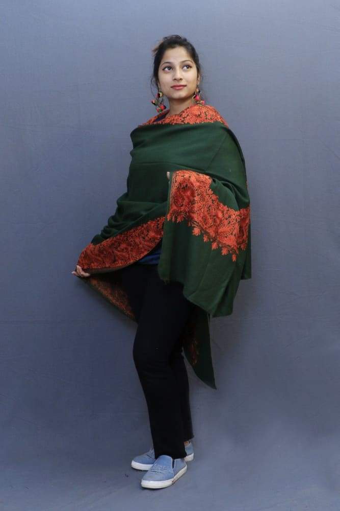 Bottle Green Colour Wrap With Rust Aari Embroidery Looks