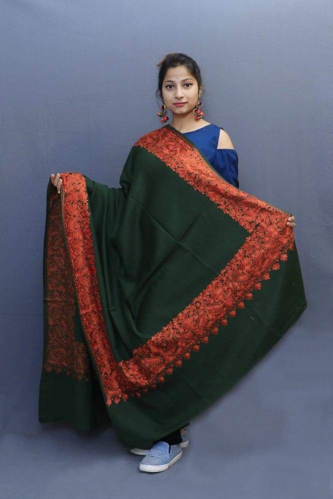 Bottle Green Colour Wrap With Rust Aari Embroidery Looks