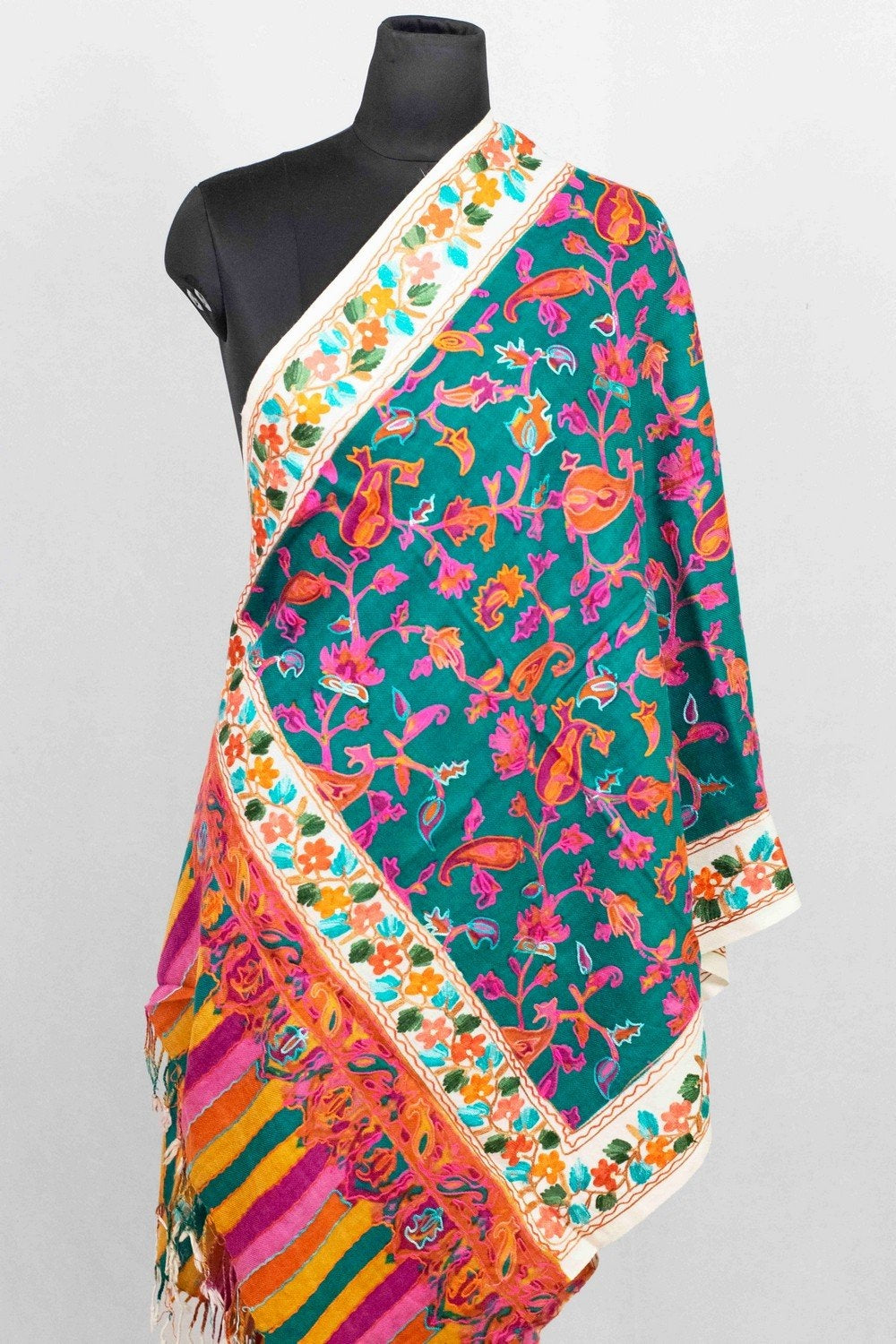 Bottle Green Multicolor Aari Work Embroidered Stole