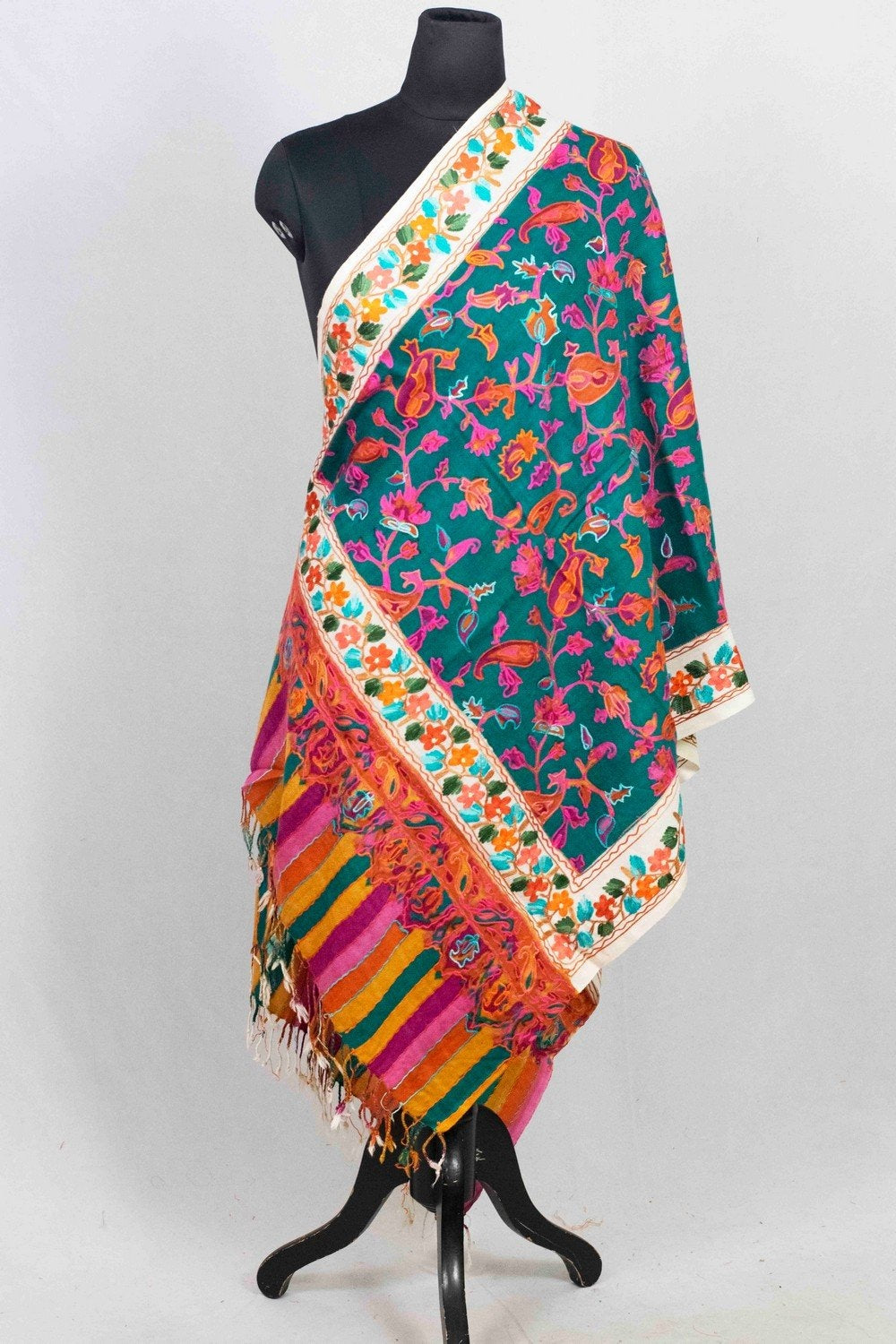 Bottle Green Multicolor Aari Work Embroidered Stole