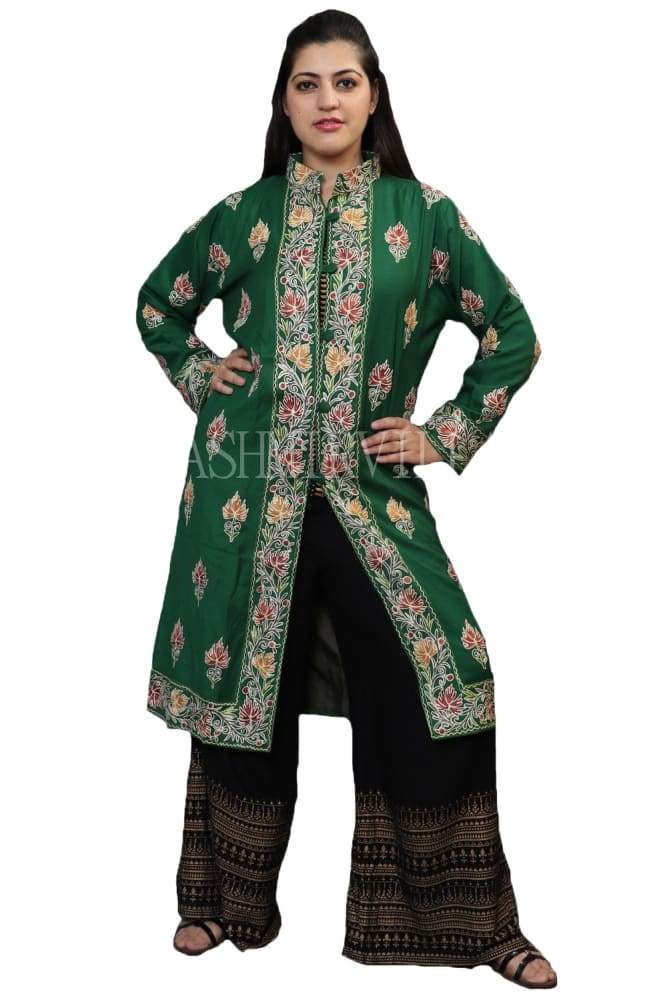 Bottle Green Colour Kashmiri Aari Work Embroidered Jacket