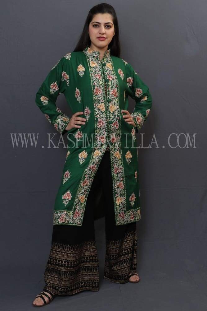 Bottle Green Colour Kashmiri Aari Work Embroidered Jacket