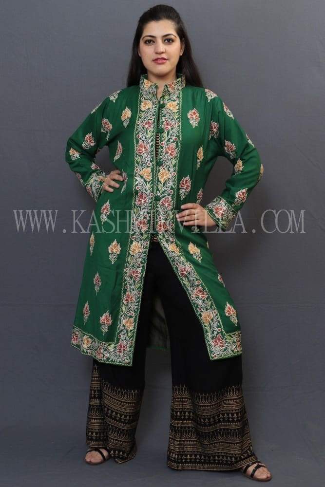 Bottle Green Colour Kashmiri Aari Work Embroidered Jacket