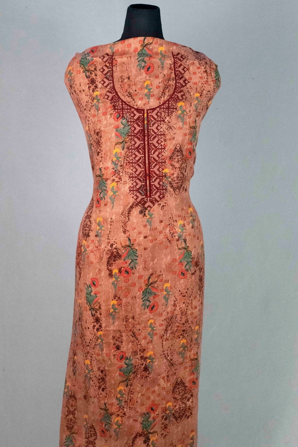 Brick Colour Woolen Kani Printed Suit With Neck And Over