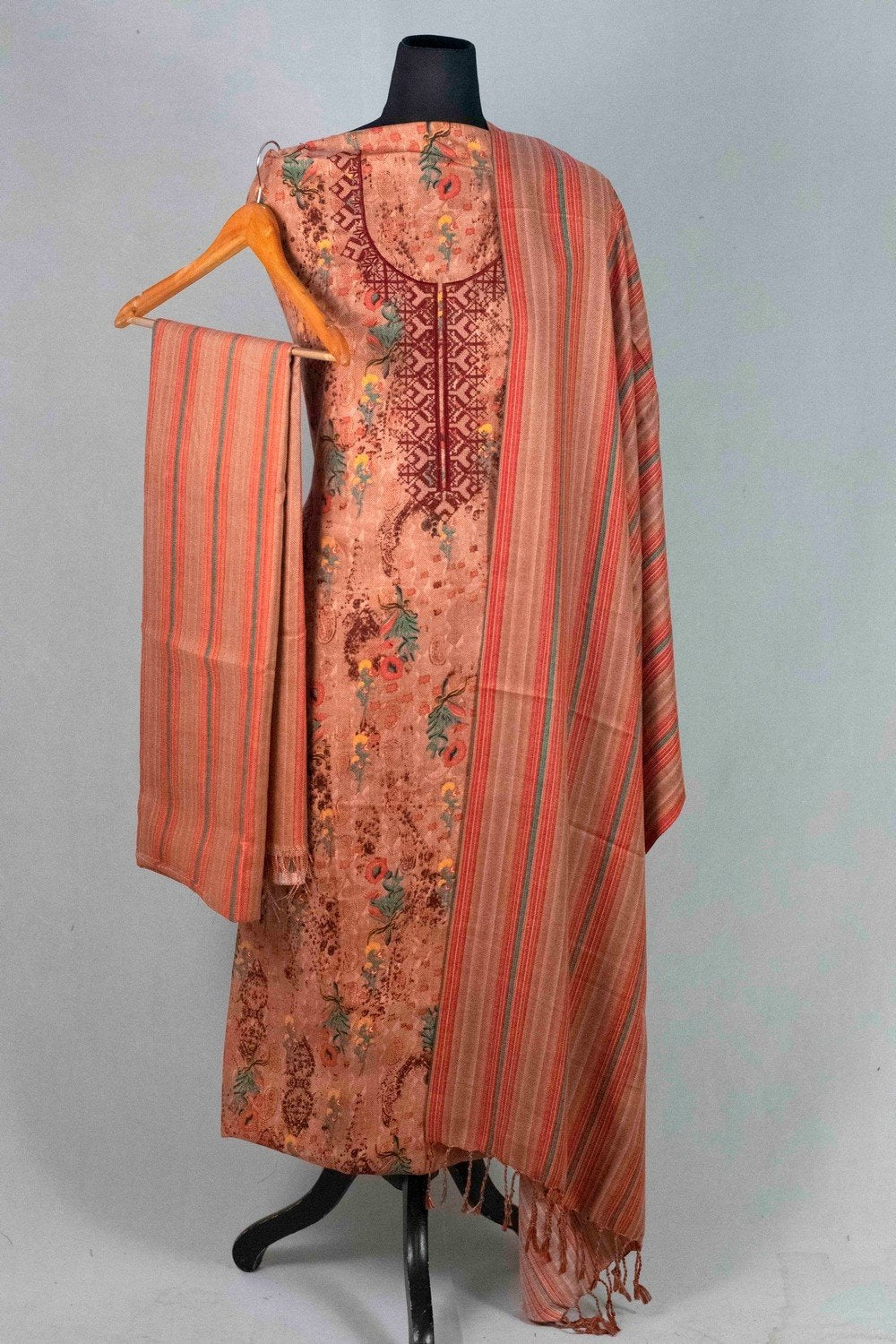 Brick Colour Woolen Kani Printed Suit With Neck And Over