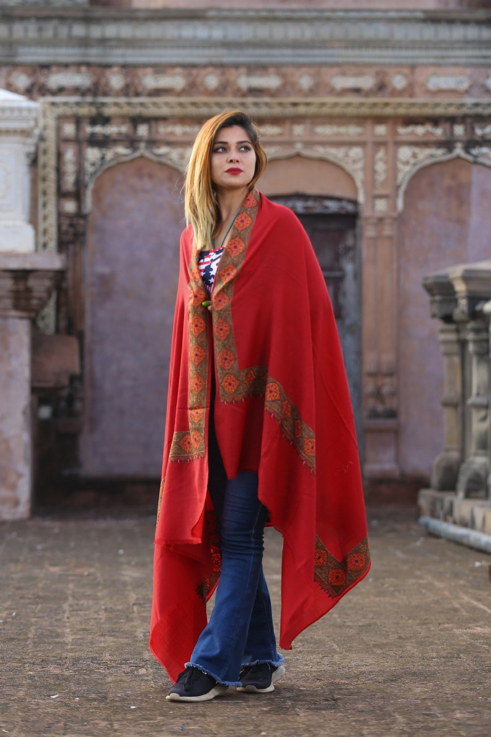 Bright Brick Maroon Colour Kashmiri Sozni Shawl Embellished