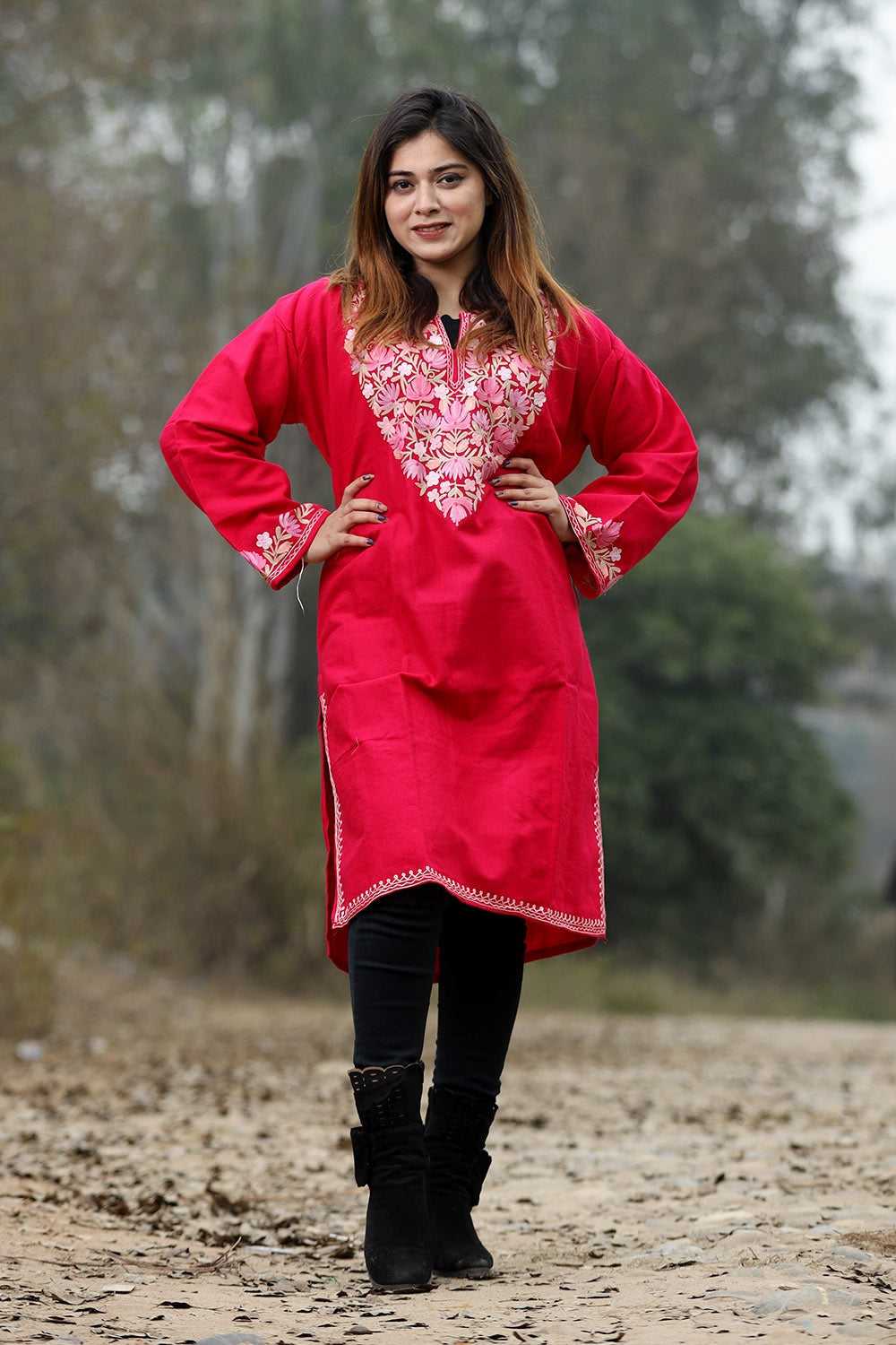 Bright Pink Color Aari Work Embroidered Kurti With New