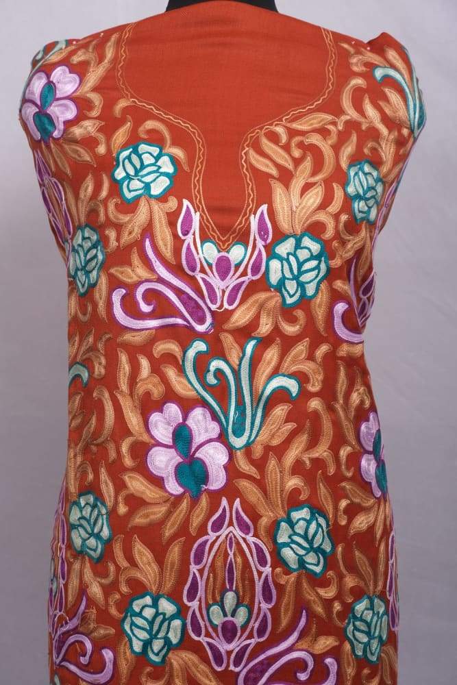 Brown Color Kashmiri Aari Work Unstitched Woollen Suit