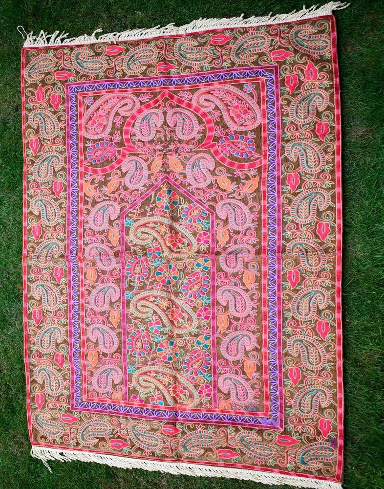 Brown Color With Multi Thread Kashmiri Aari Work Prayer Rug