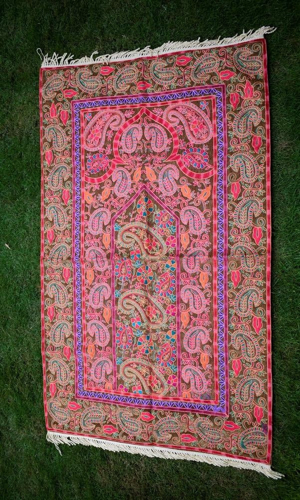 Brown Color With Multi Thread Kashmiri Aari Work Prayer Rug