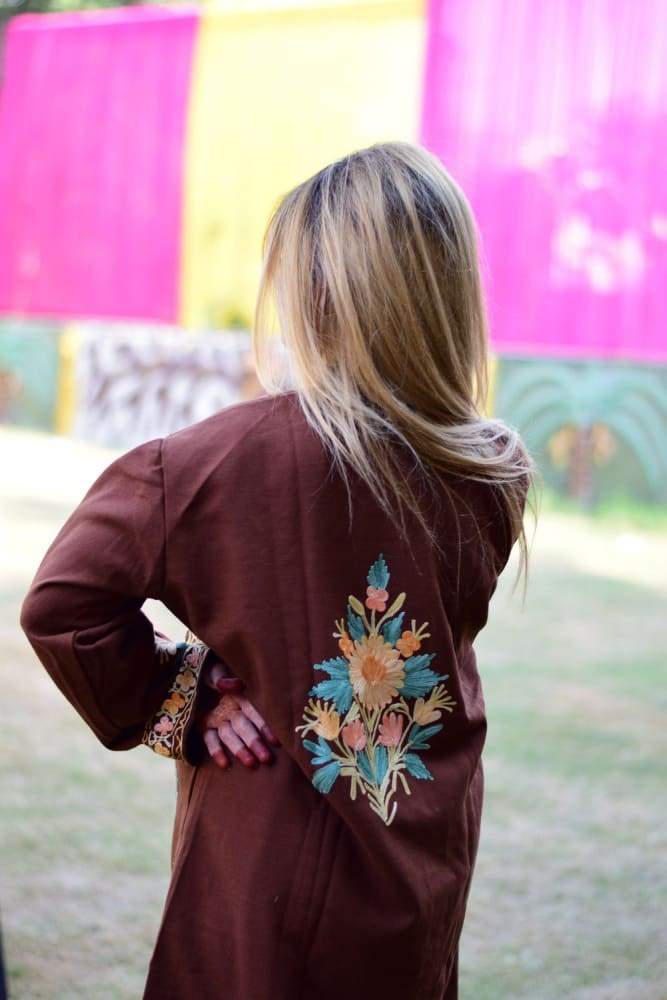 Brown Colour Aari Work Embroidered Jacket Designer Paisley