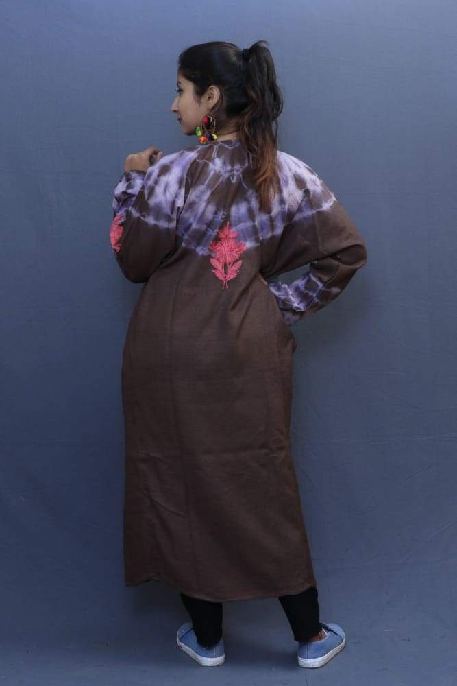 Brown Colour Tye And Dye Phiran With Kashida Work