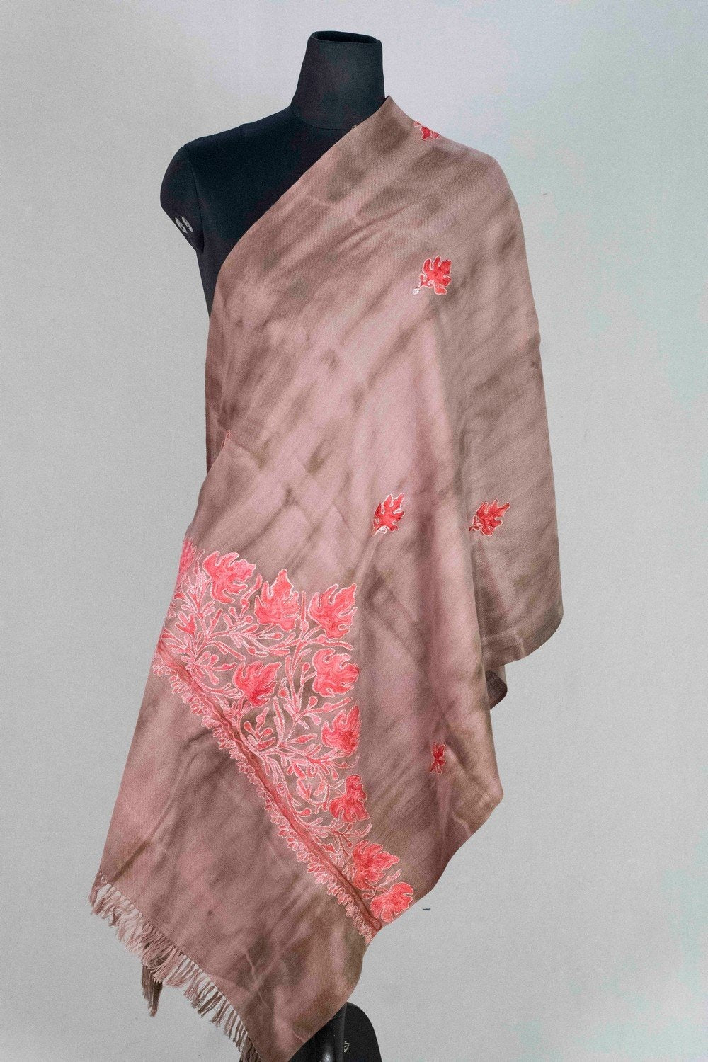 Brown Colour Tye Dye Stole With kashmiri Embroidery