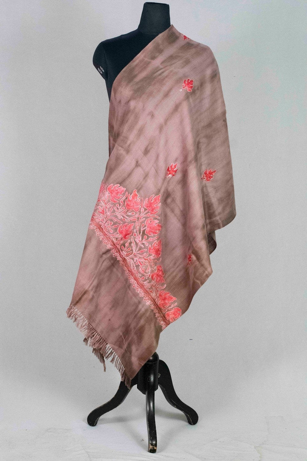 Brown Colour Tye Dye Stole With kashmiri Embroidery