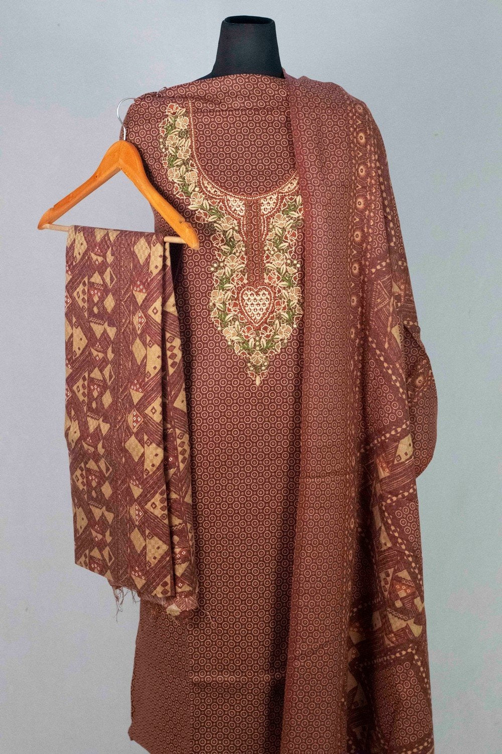 Brown Colour Woolen Kani Printed Suit With Neck And Over