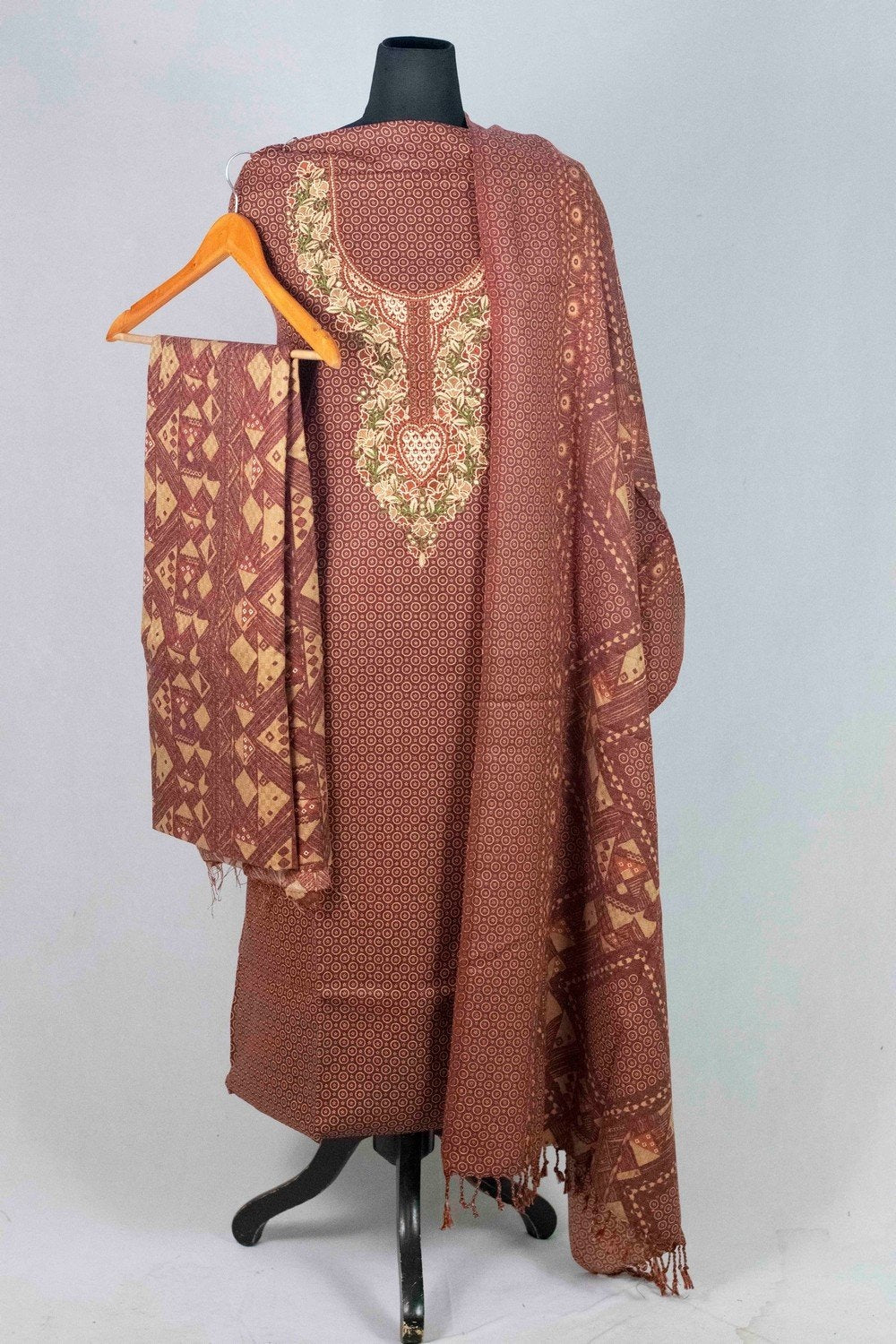 Brown Colour Woolen Kani Printed Suit With Neck And Over