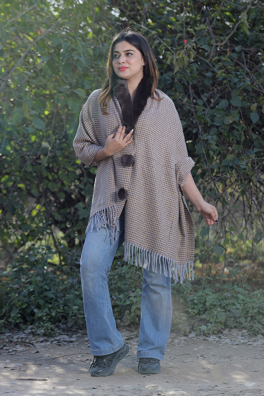 Brown & Fawn Colour Woollen Cashmere Faux Fur Cape Stole.