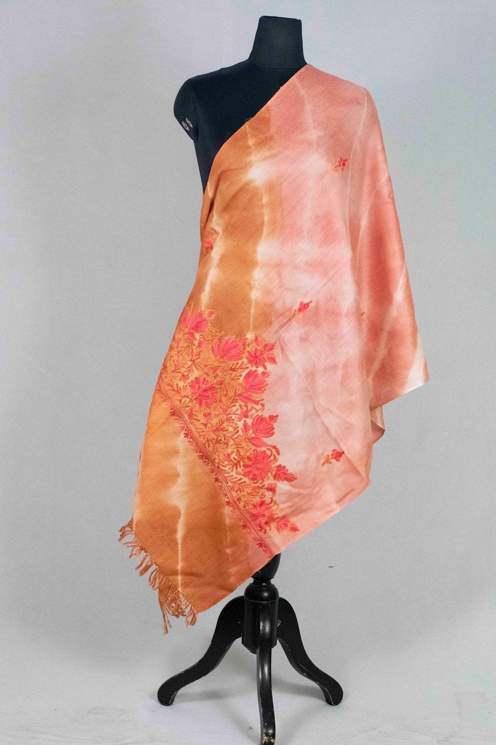 Brown Pink Colour Tye Dye Stole With kashmiri Embroidery